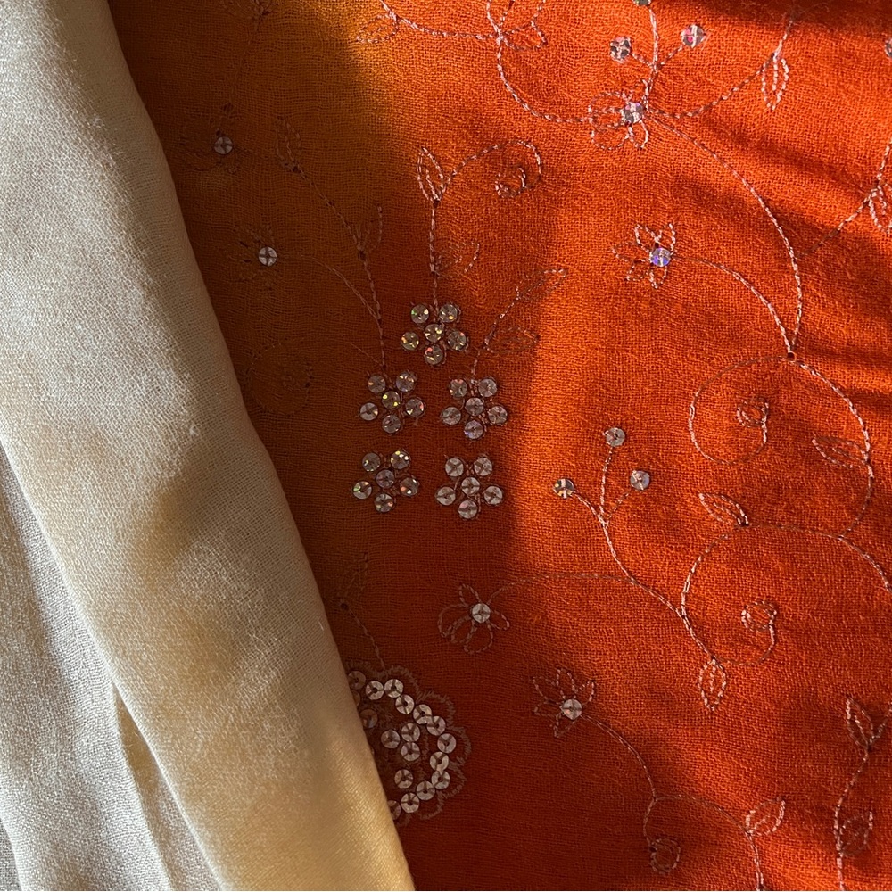 Ombre Pashmina Orange Creamsicle Shawl Fine Wool Beaded Embroidery Fringe Scarf - Picture 5 of 7